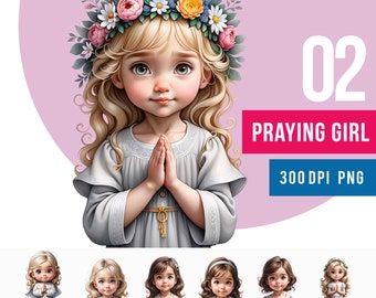 Praying Girl Clipart, digital drawing, PNG, Bundle Files, for First Holy Communion, Children Cartoon, Kid Art for Print