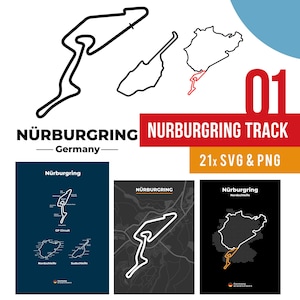 Puede incluir: Diseño gráfico de la pista de carreras de Nürburgring en Alemania. La imagen incluye diseños de pistas, el texto "Nürburgring Track" y el número "01". El diseño está disponible en formatos SVG y PNG.