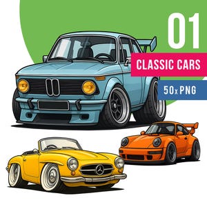 Puede incluir: Ilustración de tres coches clásicos: un cupé azul claro, un descapotable amarillo y un coche deportivo naranja. El coche azul claro tiene un alerón y ruedas negras. El descapotable amarillo tiene neumáticos de banda blanca. El coche naranja tiene un alerón trasero.