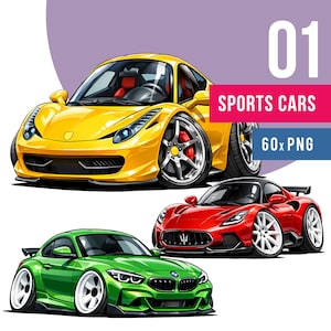 Puede incluir: Ilustración de tres coches deportivos de dibujos animados: un Ferrari amarillo, un Maserati rojo y un BMW verde. La imagen incluye el texto "01 SPORTS CARS 60x PNG".