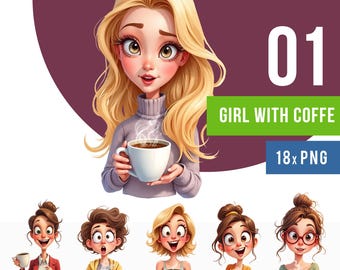 Coffee Girl clipart png bundel, fashion girl graphics (digitale download)