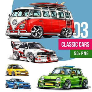 Könnte beinhalten: Illustration von klassischen Autos, darunter ein rot-weißer Volkswagen-Bus mit Surfbrett, ein weißes Rennauto mit roten Streifen, ein gelber Kleinwagen, eine blaue Limousine und ein grüner Sportwagen. Der Text lautet "03 CLASSIC CARS 50x PNG".