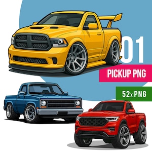May include: Illustration of three pickup trucks in yellow, blue, and red. The yellow truck has a spoiler and the text "01 PICKUP PNG". The blue truck is a classic model, and the red truck has a modern design. The image also includes the text "52x PNG".