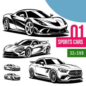 Può includere: Illustrazioni in bianco e nero di auto sportive. L'immagine include diversi modelli di auto, con il testo "01 SPORTS CARS" e "32x SVG" in riquadri rosa e verdi.