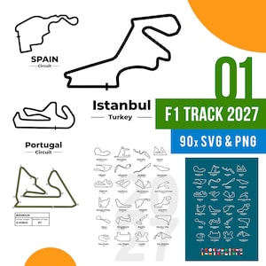 May include: A digital collection of Formula 1 track layouts featuring black line drawings of circuits including Spain, Istanbul, Portugal, and Bahrain. The graphic includes text reading 01 F1 TRACK 2027, 90x SVG & PNG, and a grid of various global race tracks.