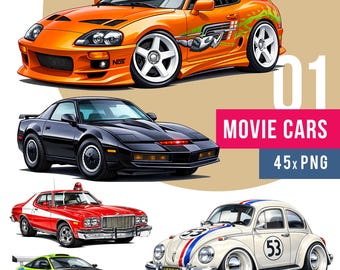 Bundel met clipartafbeeldingen van filmauto's in PNG-formaat, beroemde auto's in PNG-formaat, iconische klassieke supercars, digitale download van filmauto's, retro auto's