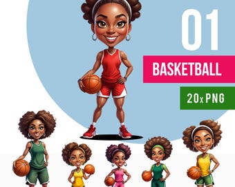 May include: A set of 20 digital illustrations of a cartoon basketball player. The player is a Black girl with brown hair and a headband. She is wearing a red, white, and blue basketball uniform. The illustrations show the player in different poses, including dribbling, shooting, and celebrating. The illustrations are in PNG format.