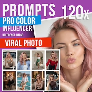 Może przedstawiać: Cyfrowa grafika z tekstem PROMPTS 120x PRO COLOR INFLUENCER REFERENCE IMAGE VIRAL PHOTO. Obraz przedstawia kolaż ośmiu zdjęć osoby z różowymi włosami w różnych strojach i sceneriach oraz duże zbliżenie na twarz.
