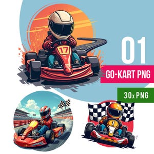 Go-Kart Clipart PNG, Wyścigowy Go Kart, Karting T Shirt Graphics, Młody Kierowca, Dwa Szybkie Samochody Wyścigowe, Natychmiastowe Pobieranie, 30 Przezroczystych Obrazów