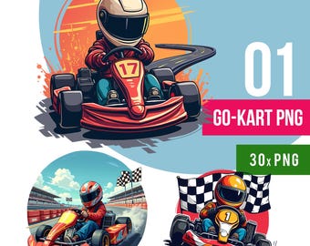 Imágenes prediseñadas de karts de carreras, gráficos para camisetas (30 PNG, descarga instantánea)