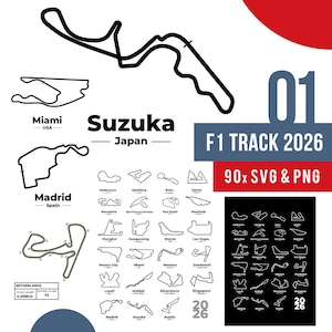 Peut inclure: Dessins au trait noirs et blancs de circuits de F1, dont Suzuka et Madrid. L'image contient le texte "F1 TRACK 2026" et "90x SVG & PNG". Le circuit des Pays-Bas mesure 4,259 km de long.
