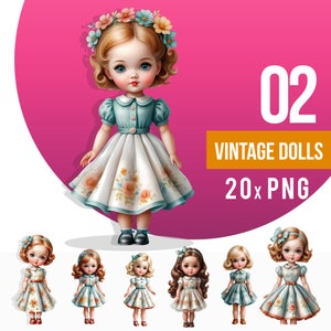 Doll Clipart Png, Vintage Dolls Girl, Retro Doll, Digital illustration, Cute Little Doll, 20x Fashion Doll transparent PNG, Commercial Use