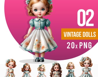 Vintage Fashion Doll Clipart, Retro Girl Illustration (20 PNG, Digital Download)