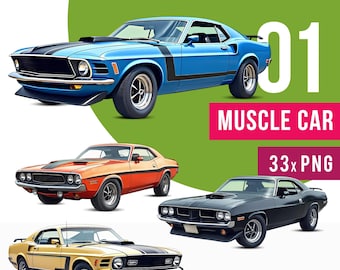 May include: Four classic muscle cars in blue, orange, black, and yellow. The image includes the text "01," "MUSCLE CAR," and "33x PNG."
