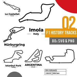 May include: A graphic showing black and white outlines of Formula 1 race circuits, such as Le Castellet, Imola, Nürburgring, Istanbul Park, and Argentina. The image includes the text "F1 HISTORY TRACKS" and "80x SVG & PNG".