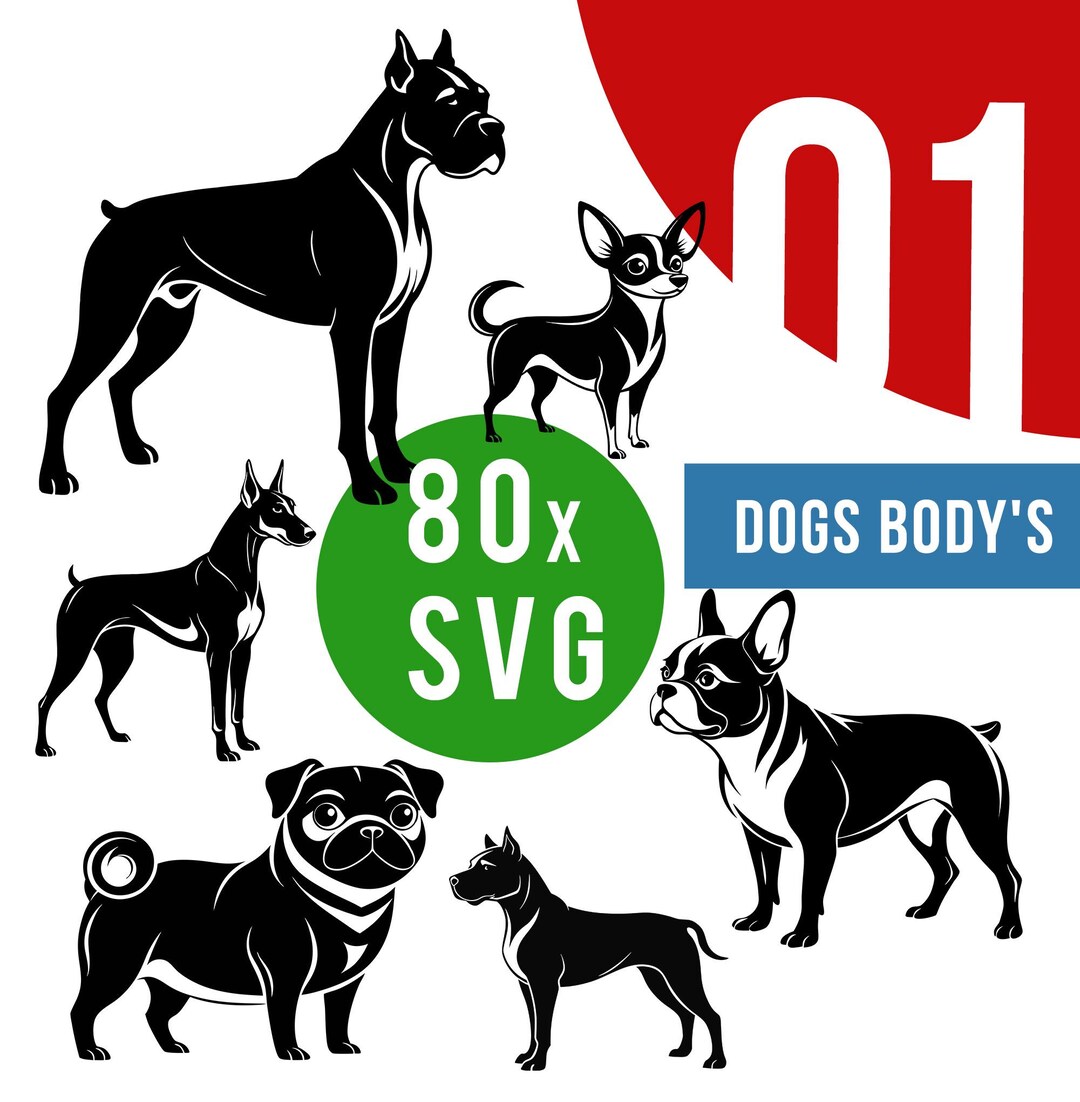 Dog Breeds SVG Clipart, 80+ Silhouette Vector Bundle (digital Download ...