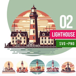 May include: A colorful illustration of a lighthouse with two houses on either side. The lighthouse is red and white with a black roof. The houses are yellow with brown roofs. The background is a sunset with clouds. The text "02 Lighthouse SVG + PNG" is in the upper right corner.