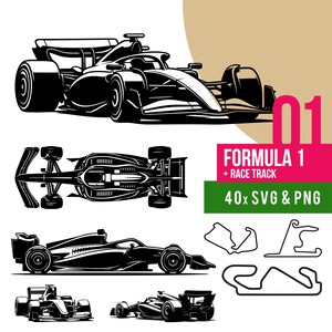 May include: Black and white illustrations of Formula 1 race cars in various views. The image includes the text "FORMULA 1 + RACE TRACK" and "40x SVG & PNG" on a pink and green background, along with track outlines.