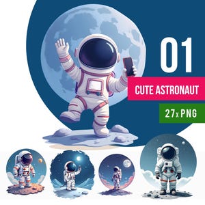 Pacote de clipart de astronauta PNG aquarela, espaço fofo e estrelas, pequena aventura na lua, clipart de astronauta, planetas para download digital
