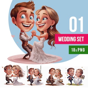Puede incluir: Un conjunto de 18 ilustraciones de dibujos animados que representan a una novia y un novio en varias poses. Las ilustraciones están en un estilo caprichoso y son perfectas para invitaciones de boda, tarjetas de agradecimiento u otros proyectos relacionados con la boda.