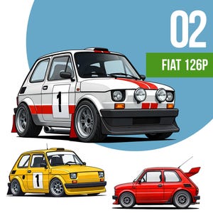以下が含まれることがあります： 赤、黄、白のフィアット126Pの車が3台あります。 車はすべて正面を向いており、側面に「1」の数字が書かれています。 上の車は赤と白のレーシングストライプが入った白です。 真ん中の車は黄色です。 下の車は赤です。 画像の右上に「02 FIAT 126P」の文字があります。