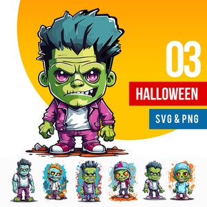 Personagens engraçados de desenhos animados digitais de Halloween Design fofo para impressão em camisetas e canecas Pacote para impressão instantâneo Imagens assustadoras de zumbis