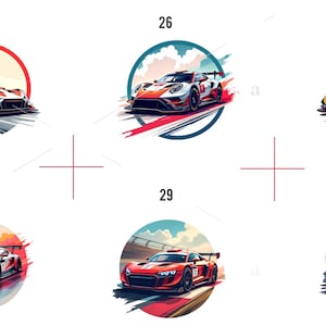 Op de afbeelding: Zes illustraties van raceauto's in actie. Elke afbeelding toont een ander auto-ontwerp, met levendige kleuren en dynamische composities. De auto's worden afgebeeld op racebanen, omgeven door gestileerde achtergronden.