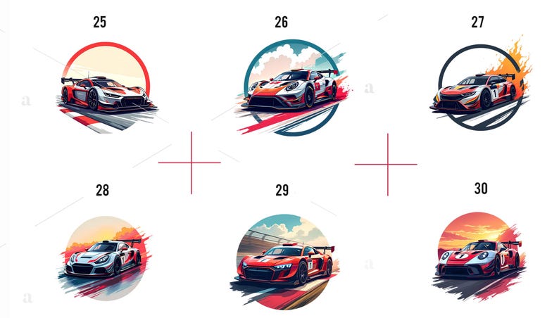 Op de afbeelding: Zes illustraties van raceauto's in actie. Elke afbeelding toont een ander auto-ontwerp, met levendige kleuren en dynamische composities. De auto's worden afgebeeld op racebanen, omgeven door gestileerde achtergronden.