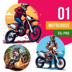 Könnte beinhalten: Digitale Illustration von drei Motocross-Fahrern auf Dirtbikes. Das Hauptbild zeigt ein rot-weißes Motorrad mit einem Fahrer in einer roten Jacke und blauen Jeans. Der Text "01 MOTOCROSS 50x PNG" ist ebenfalls sichtbar.