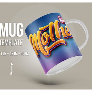 以下が含まれることがあります： 青と紫のグラデーションの背景を持つ白いセラミック製のマグカップ。マグカップにはハンドルが付いており、赤いハートが付いた黄色の文字で「Happy Mother's Day」と書かれています。