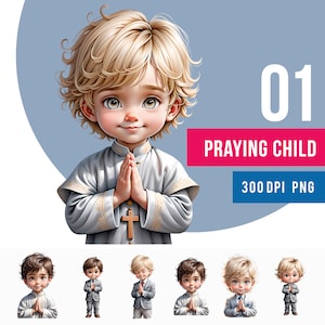 Clipart de niños rezando, PNG digital, paquete, para primera comunión, dibujos animados de niño, niño para camisetas, descargas de sublimación