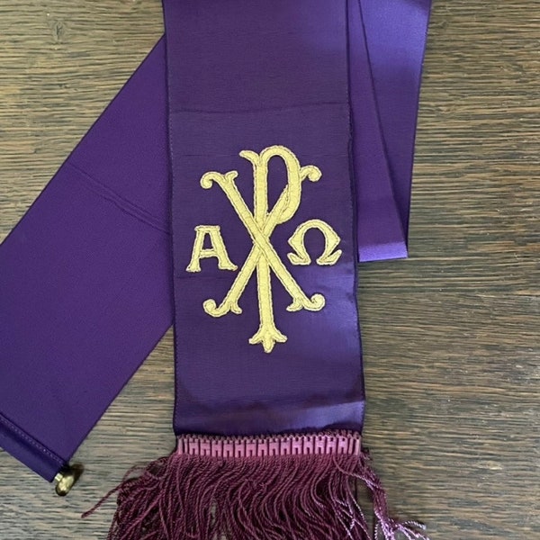 Ecclesiastical Bookmark, Large, Purple with Gold Embroidered Alpha-Omega on the Chi Rho