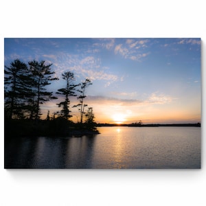 Silhouette Pine Tree Print, Sunset, Canadian Shield, Lake Scene, Landscape Image, Ontario Lakes, Fine Art or Canvas Photo Print, Wall Art