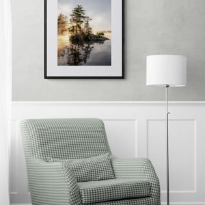 Sunrise Lake Print: Ontario Cottage Country Landscape, Misty Pine Island image 9