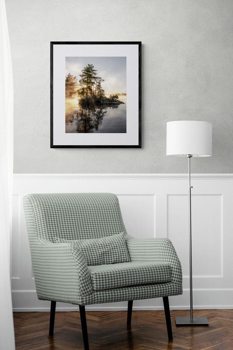 Sunrise Lake Print: Ontario Cottage Country Landscape, Misty Pine Island image 9