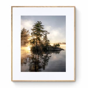 Sunrise Lake Print: Ontario Cottage Country Landscape, Misty Pine Island image 3