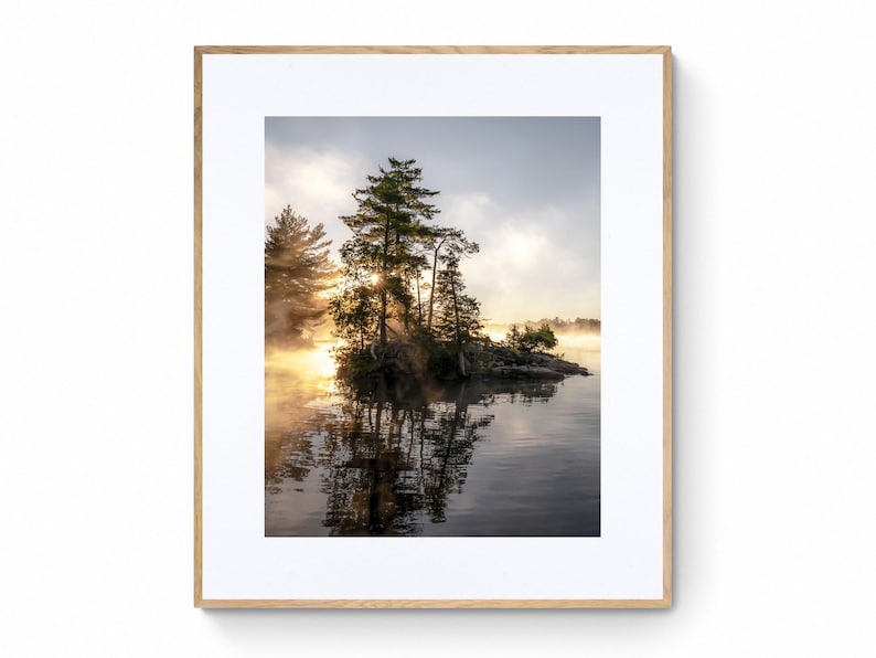 Sunrise Lake Print: Ontario Cottage Country Landscape, Misty Pine Island image 3