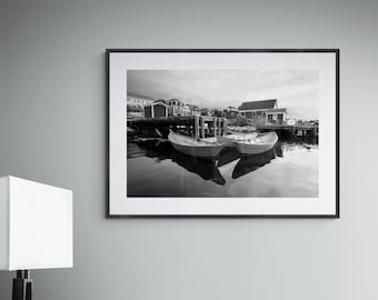 Lunenburg Bay Print, Black and White, Maritime Fine Art Photo or Canvas Print, Dory Boat Print, Nautical Landscape, Nova Scotia, Canada