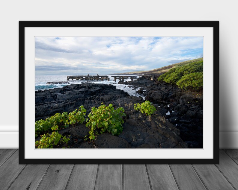 Ocean Print Ocean Poster Picture Hawaii; Beach Sunrise; Canvas Print Big Island Black Lava Coastline Historic Pier Photo Print