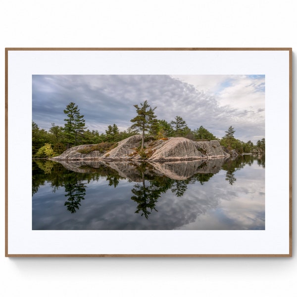 Affleurement de granit, impression de Sunrise Lake, paysage, bouclier canadien, photo d'art ou impression sur toile, décoration de chalet, art mural, décoration de bureau à domicile