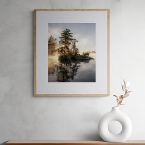 Sunrise Lake Print: Ontario Cottage Country Landscape, Misty Pine Island image 7
