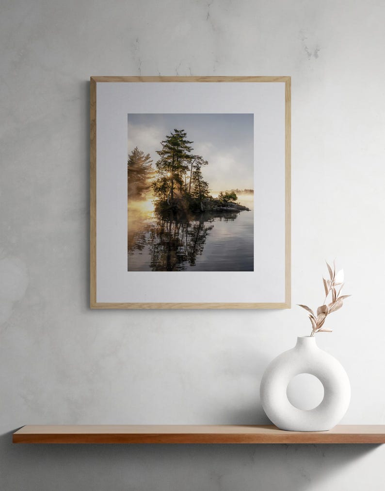 Sunrise Lake Print: Ontario Cottage Country Landscape, Misty Pine Island image 7