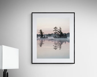 Foggy Misty Lake Photo Print, Pine Silhouette Sunrise with Soft Colors, Perfect for Home Decor, Ideal Wall Art Gift for Nature Lovers