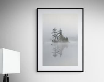 Foggy Lake Island Pine Print: Canadian Shield Landscape Wall Art