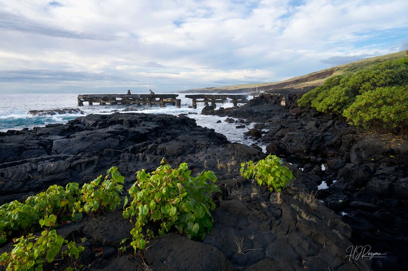 Ocean Print Ocean Poster Picture Hawaii; Beach Sunrise; Canvas Print Big Island Black Lava Coastline Historic Pier Photo Print