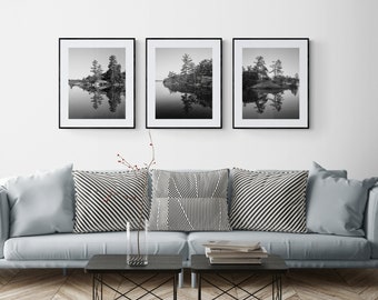 3 Print Set, Pine Tree, Calm Lake Prints, Black and White, Ontario Landscape, Fine Art Photo or Canvas Prints, Cottage Wall Decor, Wall Art