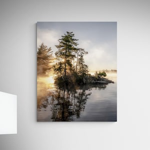 Sunrise Lake Print: Ontario Cottage Country Landscape, Misty Pine Island image 6