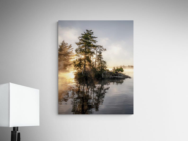 Sunrise Lake Print: Ontario Cottage Country Landscape, Misty Pine Island image 6
