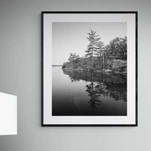 Calm Lake Print, Nature Photography, Vertical Black and White Tree Image, Ontario Canada, Fine Art Photo or Canvas Options, Cottage Wall Art