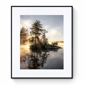 Sunrise Lake Print: Ontario Cottage Country Landscape, Misty Pine Island image 1